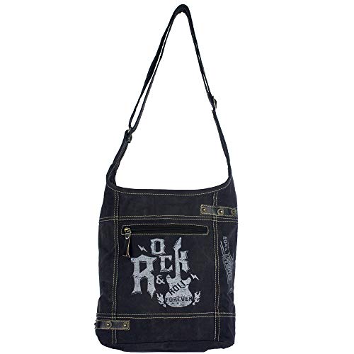 Sunsa Damen Hobo Tasche/Umhängetasche, aus Canvas. Nachhaltige Produkte, Groß Stoff Crossbody Bag, schwarze Schultertasche mit ROCK druck, Geschenkideen für Frauen/Mädchen von Sunsa