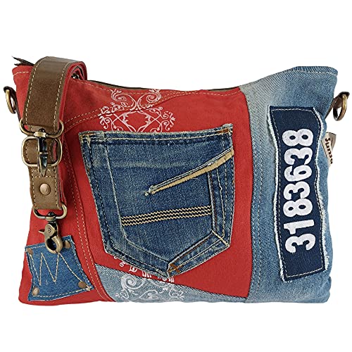 Sunsa Damen Tasche. Nachhaltige Umhängetasche. Handtasche Bag aus recycelter Jeans & Canvas in Vintage Stril. Rot/blau Schultertasche Crossover mit Verstellbarere Henkel von Sunsa