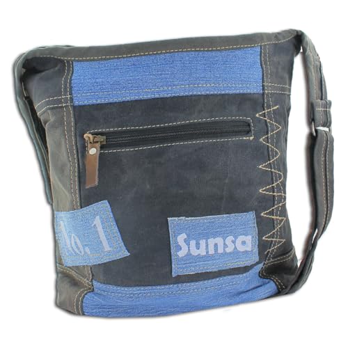 Sunsa Damen Umhängetasche aus Recycelte Jeans Canvas & Leder. Hobo Tasche schwarz/blau von Sunsa