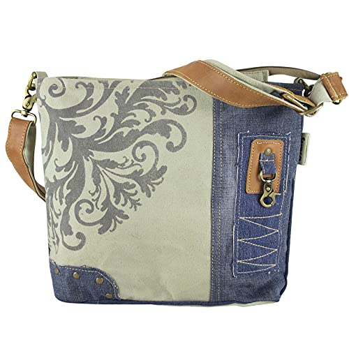 Sunsa Damen Umhängetasche Tasche aus recycelten Jeans Canvas & Leder, beige/blau von Sunsa