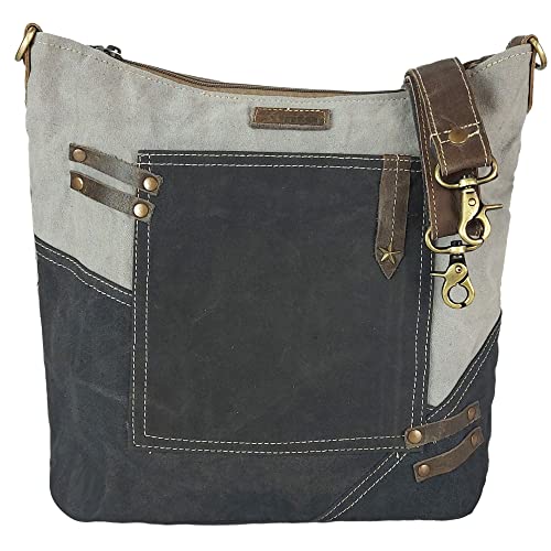 Sunsa Damen Umhängetasche. Canvas Schultertasche mit Leder. Große Vintage Crossbody Tasche. Schwarze Nachhaltige Handtasche als Geschenkideen für Frauen von Sunsa