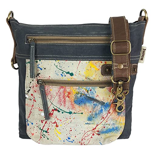 Sunsa Damen Umhängetasche. Schultertasche aus Canvas & Leder. Tasche mit viel Fächern von Sunsa