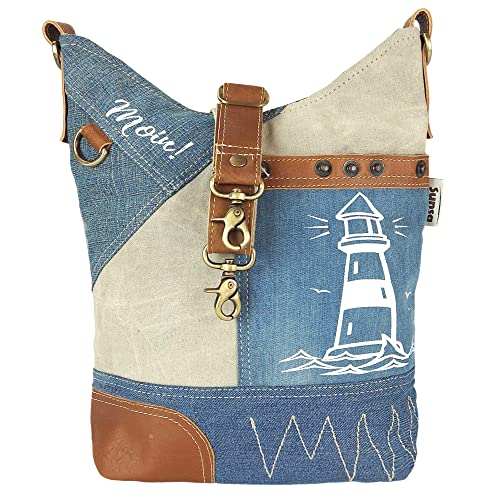 Sunsa Damen Umhängetasche. Maritim Schultertasche aus Canvas mit recycelte Jeans & Leder. Vintage Still Crossbody Tasche. Nachhaltig Handtasche als Geschenkideen für Frauen/Mädchen von Sunsa