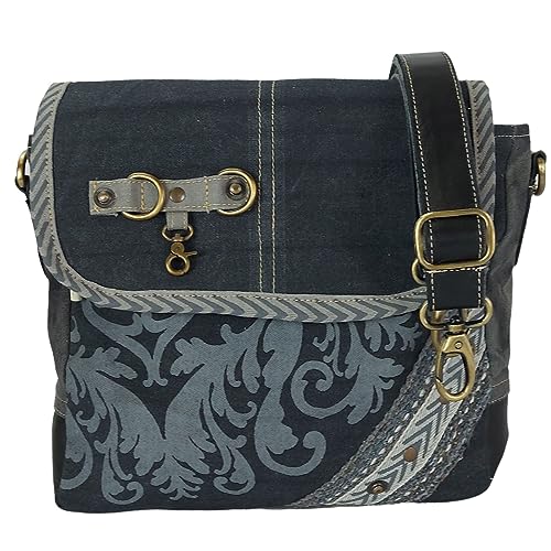 Sunsa Damen Umhängetasche. Messenger Tasche aus Canvas/Leder. Kleine Vintage Crossbody Bag mit Mandala Aufdruck. Retro Schwarze Schultertasche. Nachhaltig Handtasche als Geschenkideen von Sunsa