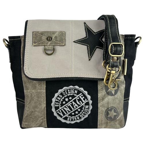 Sunsa Damen Umhängetasche. Messenger Tasche aus Canvas/Leder. Kleine Vintage Crossbody Bag mit Stern. Retro graue Schultertasche. Nachhaltig Handtasche als Geschenkideen von Sunsa