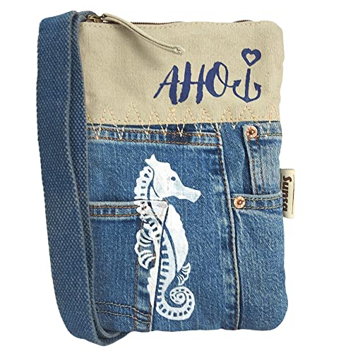 Sunsa Damen Umhängetasche. kleine Schultertasche aus Canvas, recycelte Jeans & Leder. Maritim Vintage Design Crossover Bag. Nachhaltige Tasche für Seeliebhaber (blau/beige Seepferdchen) von Sunsa