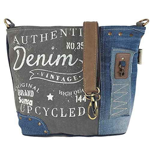 Sunsa Damen Umhängetasche Tasche aus recycelten Jeans Canvas & Leder, Nachhaltige Jeanstasche. Damentasche in Retro/Vintage Design (Grau Blau) von Sunsa