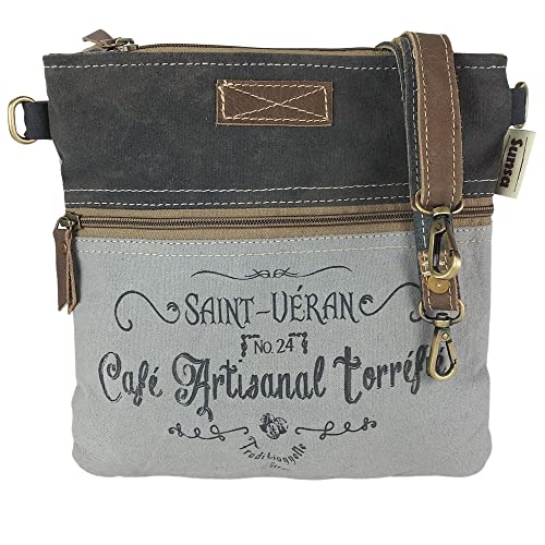 Sunsa Damen Umhängetasche. Schultertasche aus Canvas & Leder. Vintage Crossbody Tasche. Nachhaltig Retro Handtasche als Geschenkideen für Frauen (grau/schwarz) von Sunsa