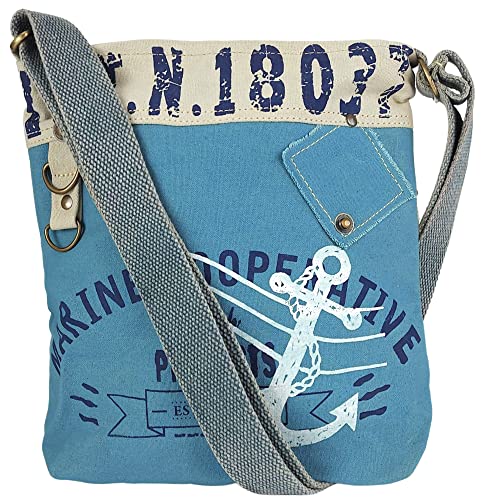 Sunsa Damen Umhängetasche. kleine Leinwand/Canvas Tasche. Vegan Damentasche. Blaue Crossbody Bag in Maritim/Anker Vintage Stil von Sunsa