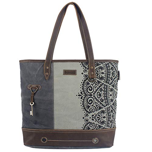 Sunsa Damen groß Handtasche. Tasche aus Canvas & Leder. Nachhaltige Produkte, Schultertasche, grau Shopper Shoulder Bag Ordner A4 geeignet, Geschenkideen für Frauen, Mandala Design von Sunsa