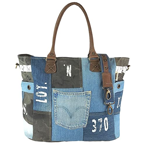 Sunsa Damen Handtasche. XXL Tasche aus Canvas recycelte Jeans & Leder. Nachhaltige Sporttasche/Weekender im Patch Design. Vintage Schultertasche als Geschenkideen für Frauen von Sunsa