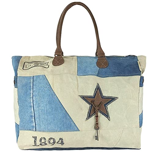 Sunsa Damen Handtasche. XXL Tasche aus Canvas recycelte Jeans & Leder. Nachhaltige Strandtasche/Weekender in Vintage Stil mit Stern. Schultertasche als Geschenkideen für Frauen von Sunsa