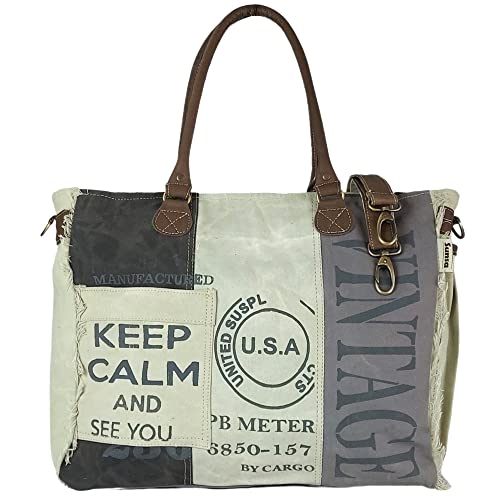 Sunsa Damen große Handtasche. XXL Tasche aus Canvas & Leder. Nachhaltige Strandtasche/Weekender mit Reißverschluss und Stern. Vintage Schultertasche als Geschenkideen für Frauen von Sunsa