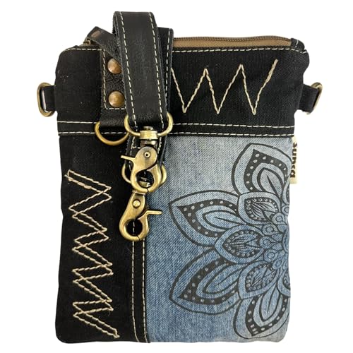 Sunsa Damen kleine Umhängetasche. Nachhaltige Tasche aus recycelte Jeans & Leder. Crossover bag in Vintage Retro Stil. Schultertasche für Frauen oder Mädchen (Blau schwarz/Mandala) von Sunsa