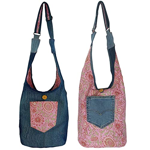 Sunsa Damen nachhaltige Hobo Tasche. Umhängetasche aus recycelte Jeans & Baumwolle. Boho Blumig Crossbody Bag Jeanstasche beidseitig verwendbar. (blau pink) von Sunsa
