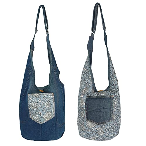 Sunsa Damen nachhaltige Hobo Tasche. Umhängetasche aus recycelte Jeans & Baumwolle. Boho blumig Crossbody Bag beidseitig verwendbar. von Sunsa