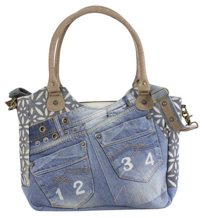 Sunsa Handtasche Schultertasche aus recycelter Jeans Shopper Umhängetasche, echt Leder, Upcycling Jeans, abnehmbare Henkel von Sunsa