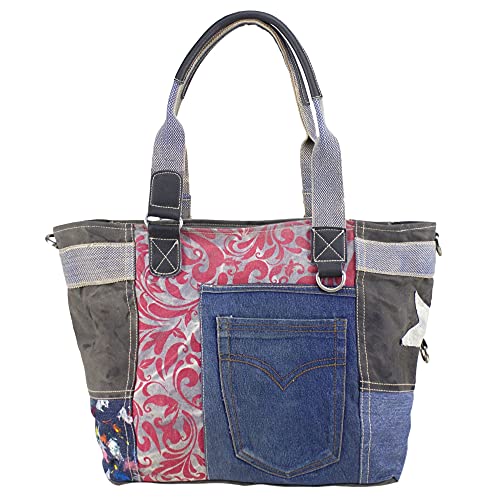 Sunsa Damen Handtasche. Große Nachhaltige Schultertasche aus Recycelte Jeans Canvas & Leder. A4 geeignet Shopper Tasche Tote Damentasche in Vintage Stil. Handgelenktasche in blau/rot von Sunsa