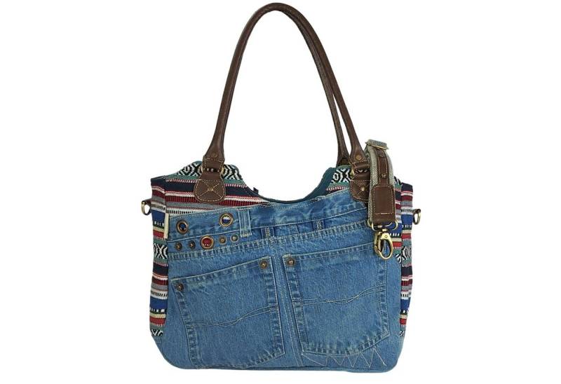 Sunsa Handtasche Schultertasche aus recycelter Jeans Shopper Umhängetasche, echt Leder, Upcycling Jeans, abnehmbare Henkel von Sunsa