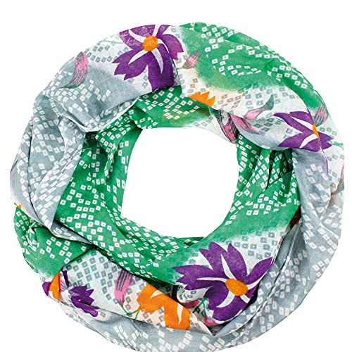 Sunsa Damen Loop Schal. 100% Baumwolle Schlauchschal für Frühlings/Sommer. Dünn Loopschal mit Blumen Design. Tücher und Schals als Frauen Geschenk (Grün/Grau #7) von Sunsa