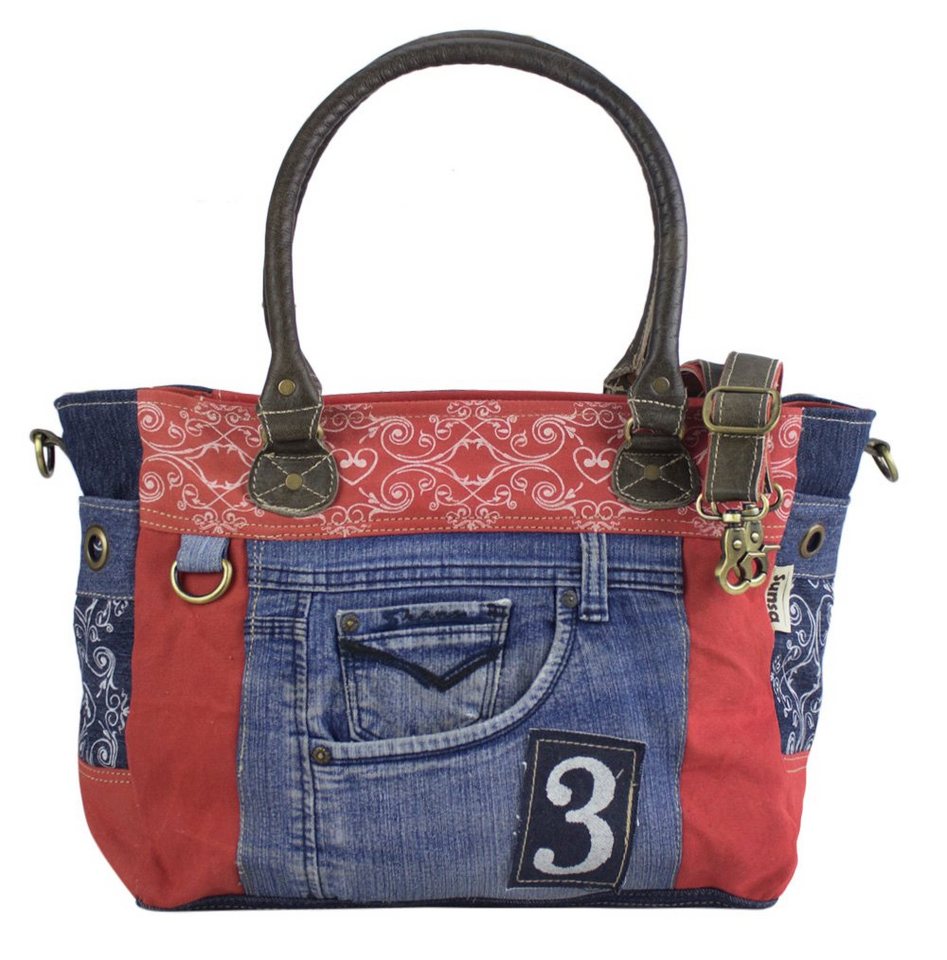 Sunsa Messenger Bag Große Damen Handtasche. XXL Schultertasche aus recycelte Jeans und rote Canvas. Tasche mit Extra verstellbarer Umhänge Gurt, Aus recycelten Materialien von Sunsa