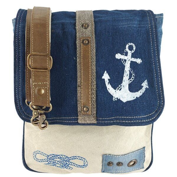 Sunsa Messenger Tasche aus recycelter Jeans & Canvas. Nachhaltige Umhängetasche mit Maritim Motiv von Sunsa