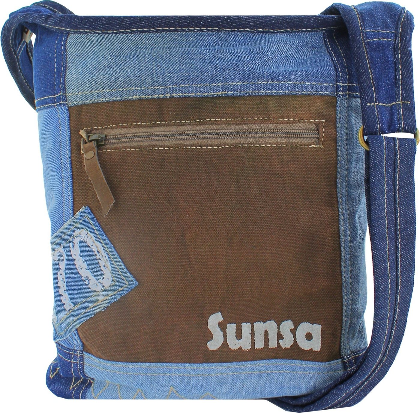 Sunsa Schultertasche Sunsa Vintage Upcycle Crossbody (Umhängetasche), Jugend, Damen Umhängetasche, Schultertasche Canvas, Jeans, blau, braun von Sunsa