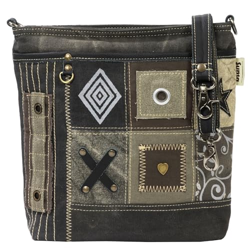 Sunsa Taschen Damen. Umhängetasche aus Canvas/Leinwand & Leder. Dame Tasche. Mittelgroß Handtasche in Vintage Patchwork Design. Khakigrün Damentasche. Crossbody Bag als Geschenkideen für Frauen von Sunsa