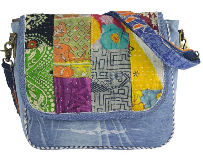 Sunsa Umhängetasche Upcycling Messenger Tasche recycelter Sari & recycelter Jeansstoff, verstell- und abnehmbarer Schultergurt, recycelter Sari & Jeansstoff von Sunsa