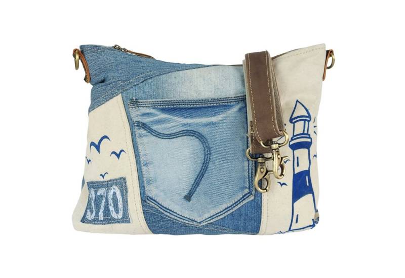 Sunsa Umhängetasche Damen Maritim Umhängetasche. Schultertasche aus Canvas, recycelte Jeans & Leder. Große Vintage Crossbody Tasche. Nachhaltig Handtasche, echtes Leder Henkel, Maritim Druck, enthält recyceltes Material von Sunsa