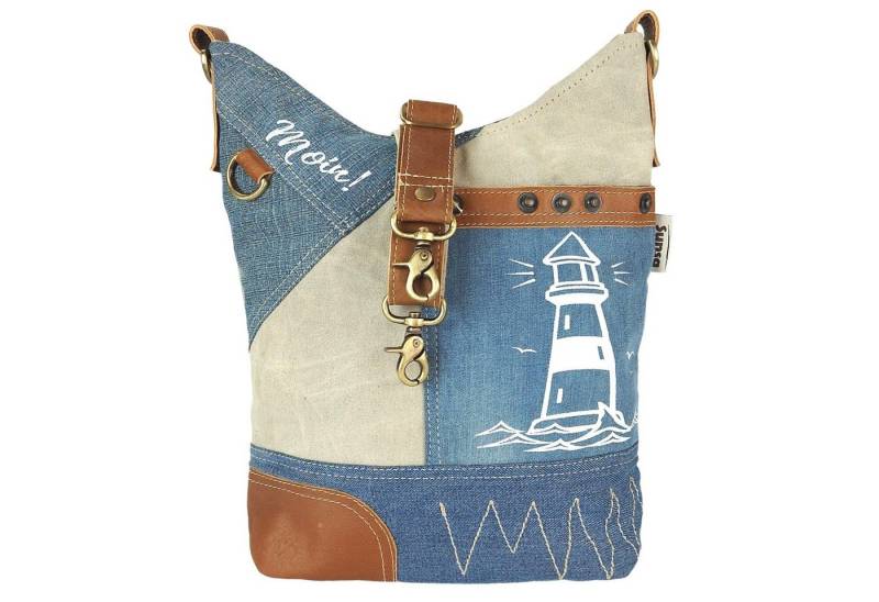 Sunsa Umhängetasche Damen Umhängetasche. Maritim Schultertasche aus Canvas/ recycelte Jeans & Leder. Vintage Still Crossbody Tasche. Nachhaltig Handtasche. 52624, enthält recyceltes Material, Steckfach an der Frontseite von Sunsa