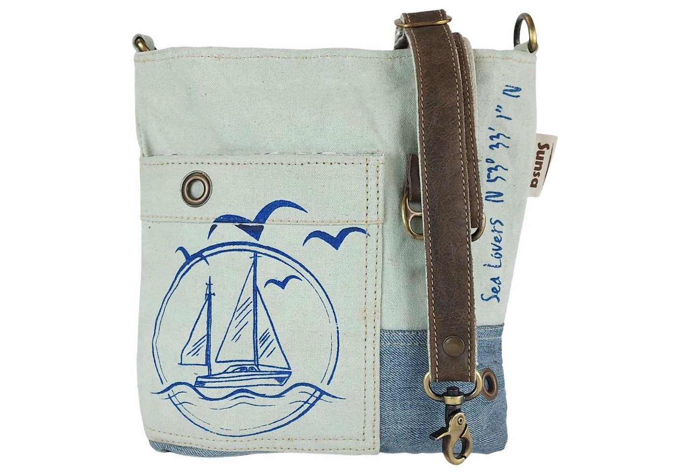 Sunsa Umhängetasche Damen Umhängetasche. Maritim Tasche aus Canvas, Recycelte Jeans & Leder. Vintage Crossbody Schultertasche. Nachhaltige Geschenkideen für Seeliebhaber 52629, enthält recyceltes Material von Sunsa