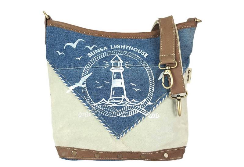 Sunsa Umhängetasche Damen Umhängetasche. Schultertasche aus beige Canvas, recycelte Jeans & Leder. Maritim Vintage Design Crossbody Bag. Seeliebhaber Nachhaltig Handtasche als Geschenkideen, enthält recyceltes Material von Sunsa