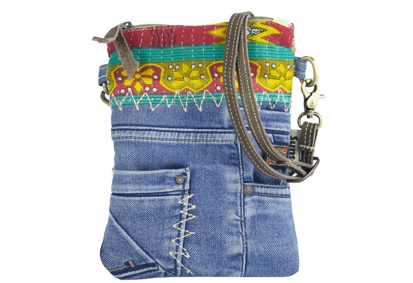 Sunsa Umhängetasche Damen kleine Schultertasche. Tasche aus Recycelte Jeans und used Sari, Aus recycelten Materialien von Sunsa