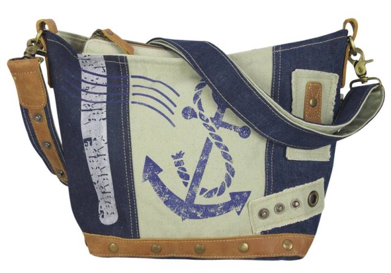 Sunsa Umhängetasche Upcycling Umhängetasche Tasche mit Maritim Motiv Schultertasche Anker, Upcycling Tasche, echtes Leder, recycelter Jeansstoff von Sunsa