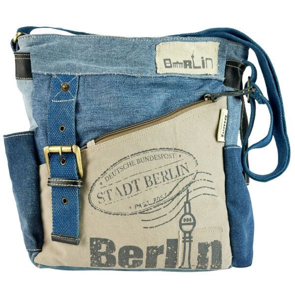 Sunsa Umhängetasche. Crossover Tasche aus recycelte Jeans Canvas & Leder. Große Schultertasche mit Berlin Design von Sunsa