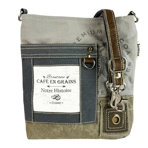 Sunsa Umhängetasche. Damen Tasche aus Canvas und Leder. Mittelgroß Vintage Retro Stil Damentasche. Blau grau Schultertasche mit Kaffee Aufdruck Motiv. Crossbody Bag für Sie oder als Geschenk von Sunsa