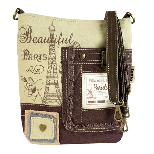 Sunsa Umhängetasche. Damen Taschen aus Canvas & Leder. Mittelgroß Handtasche mit Paris Aufdruck. Vintage Dame Tasche. Schultertasche als Crossbody Bag. Damentasche schönes Geschenk für Frauen von Sunsa