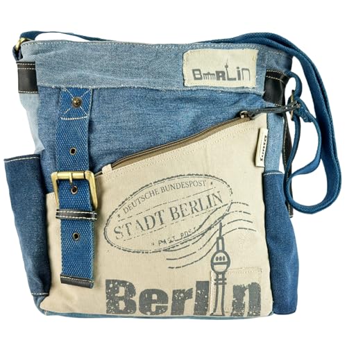 Sunsa Umhängetasche. Nachhaltige Crossbody Bag aus recycelte Jeans Canvas & Leder. Vintage Tasche. Denim Schultertasche. Große Jeanstasche mit mehreren Fächern von Sunsa