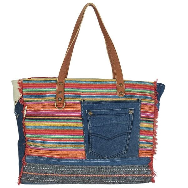 Sunsa XXL Handtasche aus recycelte Jeans, canvas & Leder. Nachhaltige Schultertasche. Shopper mit Streifen Design von Sunsa