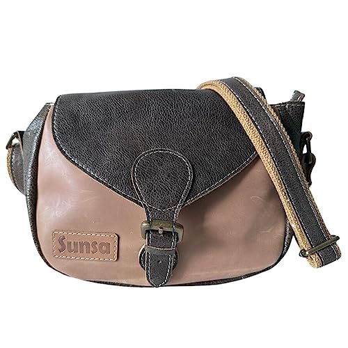 Sunsa Damen Leder Tasche. Mini klein Umhängetasche. Trachtentasche in Vintage Retro Stil. Hochwertige Ledertasche. Crossover bag in used Look mit Reißverschluss & Magnetlock. von Sunsa