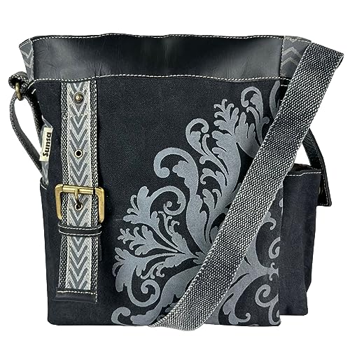 Sunsa schwarze Handtasche. Damen Umhängetasche aus Canvas & Leder. Vintage Stil Tasche mit Mandala Motivaufdruck. Crossbody Bag-Große Kapazität mit mehreren Fächer von Sunsa