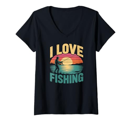 Damen Ich Liebe Angeln, Retro-Sonnenuntergang T-Shirt mit V-Ausschnitt Damen Ich Liebe Angeln, Retro-Sonnenuntergang T-Shirt mit V-Ausschnitt von Sunset Angler Enthusiast Apparel Lovers