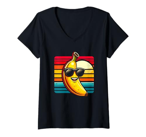 Damen Retro Sonnenuntergang Banane trägt Sonnenbrille Meme Kawaii T-Shirt mit V-Ausschnitt Damen Retro Sonnenuntergang Banane trägt Sonnenbrille Meme Kawaii T-Shirt mit V-Ausschnitt von Sunset Banana Wearing Sunglass Kawaii