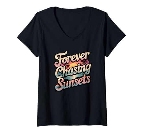 Damen Immer auf der Jagd nach Sonnenuntergängen T-Shirt mit V-Ausschnitt von Sunset Chaser