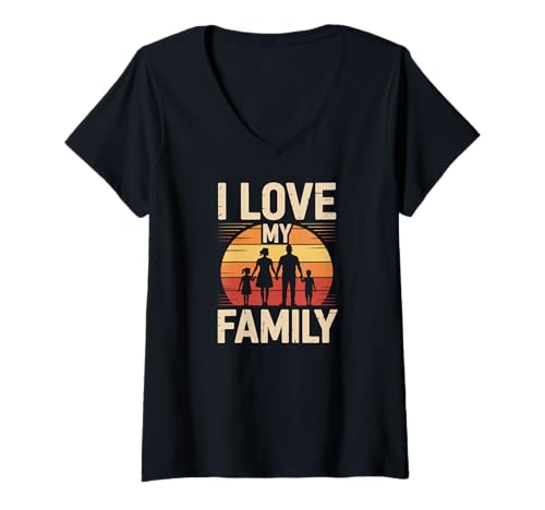 Damen I Love My Family Silhouette Sonnenuntergang Design T-Shirt mit V-Ausschnitt Damen I Love My Family Silhouette Sonnenuntergang Design T-Shirt mit V-Ausschnitt von Sunset Family Togetherness Love Statement
