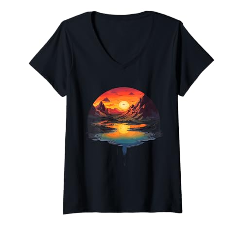 Damen Sonnenuntergang Reflexion über majestätischen Bergen T-Shirt mit V-Ausschnitt von Sunset Mountain Reflection Calm Nature Landscape