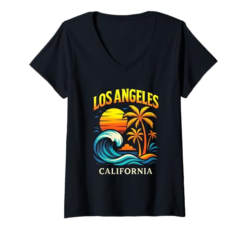Damen Los Angeles, Kalifornien — Vintage-Küstenmeer T-Shirt mit V-Ausschnitt Damen Los Angeles, Kalifornien — Vintage-Küstenmeer T-Shirt mit V-Ausschnitt von Sunset Palm Waves Vaporwave