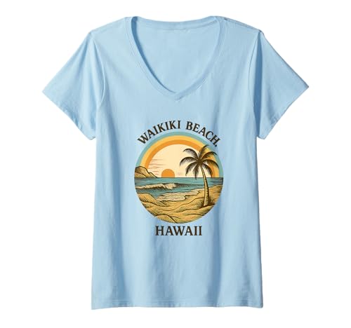 Damen Waikiki Beach Hawaii Sonnenuntergang Palme Strand T-Shirt mit V-Ausschnitt Damen Waikiki Beach Hawaii Sonnenuntergang Palme Strand T-Shirt mit V-Ausschnitt von Sunset Palms Beach Shirts