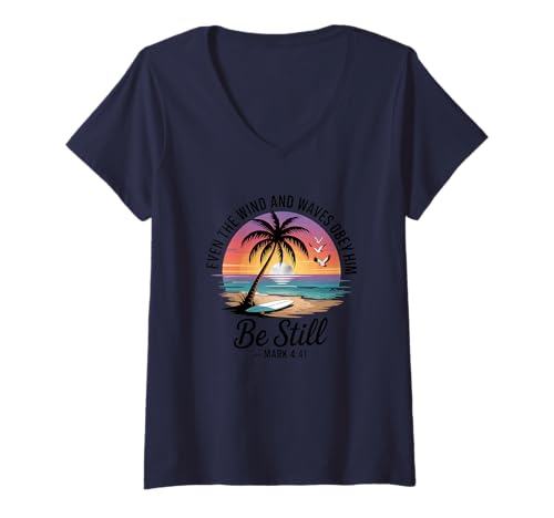 Damen Sogar der Wind und die Wellen gehorchen ihm Süßer Christ T-Shirt mit V-Ausschnitt Damen Sogar der Wind und die Wellen gehorchen ihm Süßer Christ T-Shirt mit V-Ausschnitt von Sunset Tropical Faith Vibes - DressedForDuty